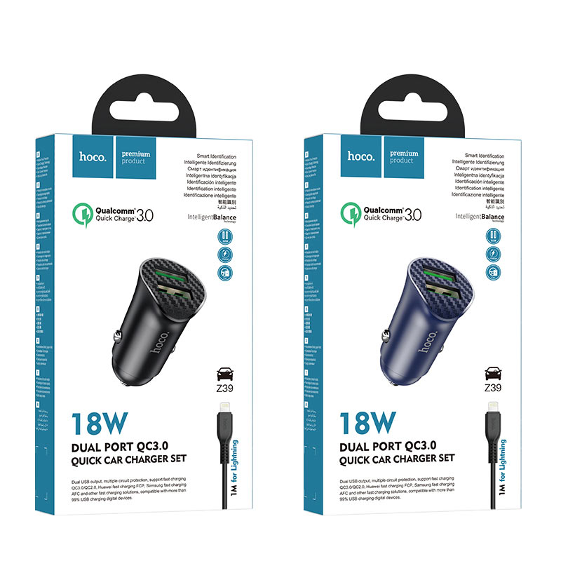 Hoco Car charger “Z39 Farsighted” QC3.0 dual port set with cable Hoco Car charger “Z39 Farsighted” QC3.0 dual port set with cable